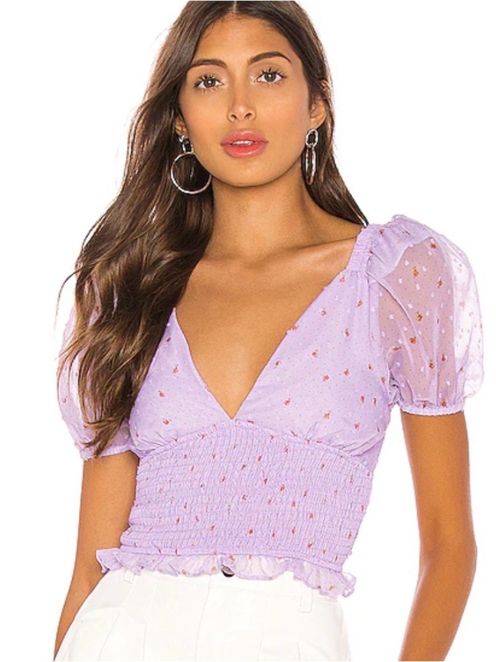 Revolve LPA Melita Top Lilac Smocked V-Neck Puff Sleeve Crop Top Women Size Smal